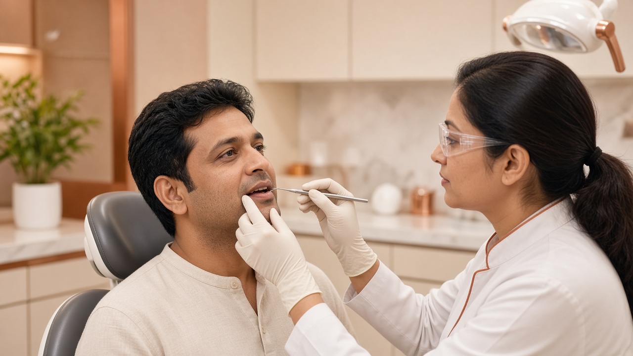 Indian dentist gently examining a patient for gum health