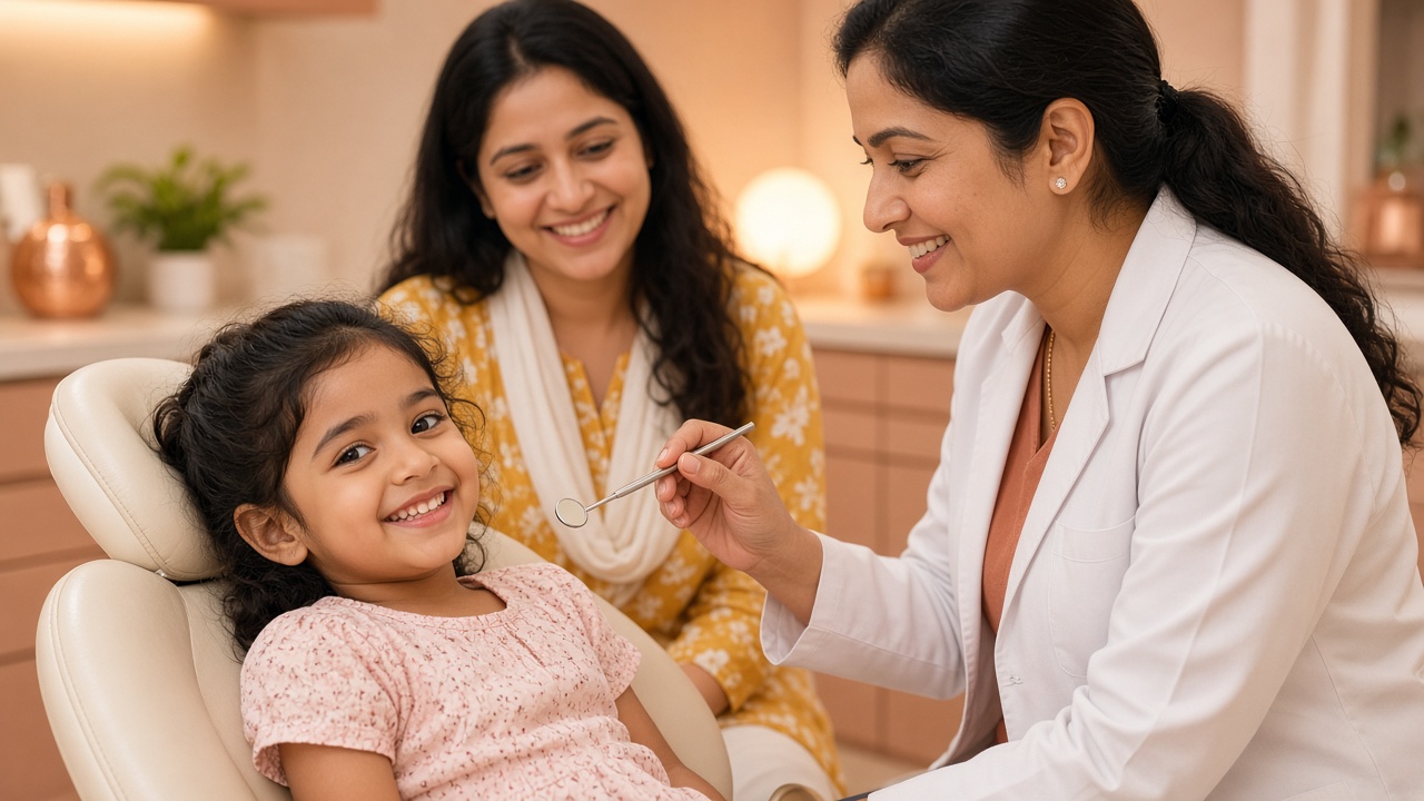 Happy Indian child at her first dental visit with her mother and dentist