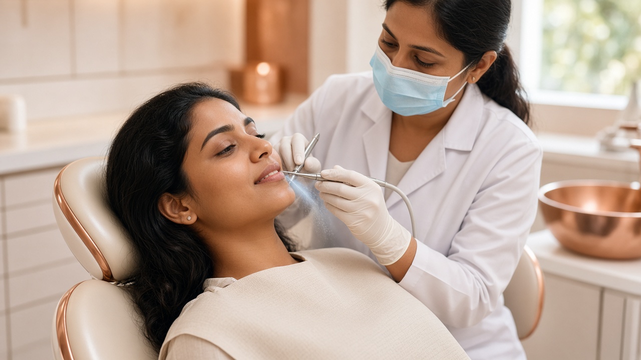 Indian dental professional performing gentle teeth cleaning and scaling