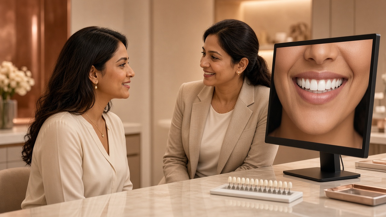 Indian patient and cosmetic dentist reviewing a natural veneer smile preview