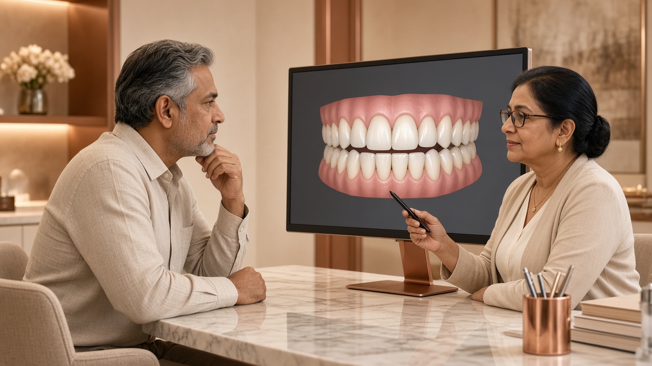 Indian dentist and patient planning a full-mouth dental rehabilitation digitally