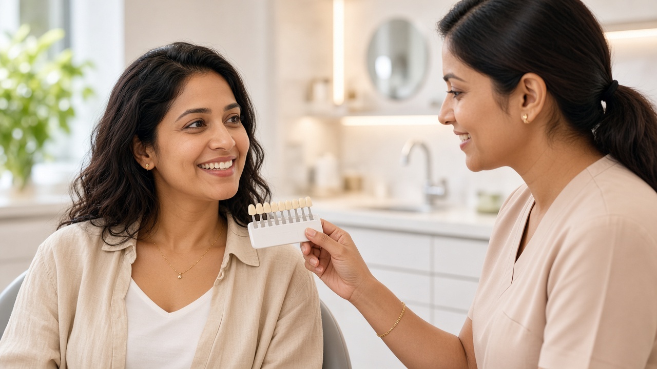 Indian patient reviewing a professional teeth whitening shade with her dentist