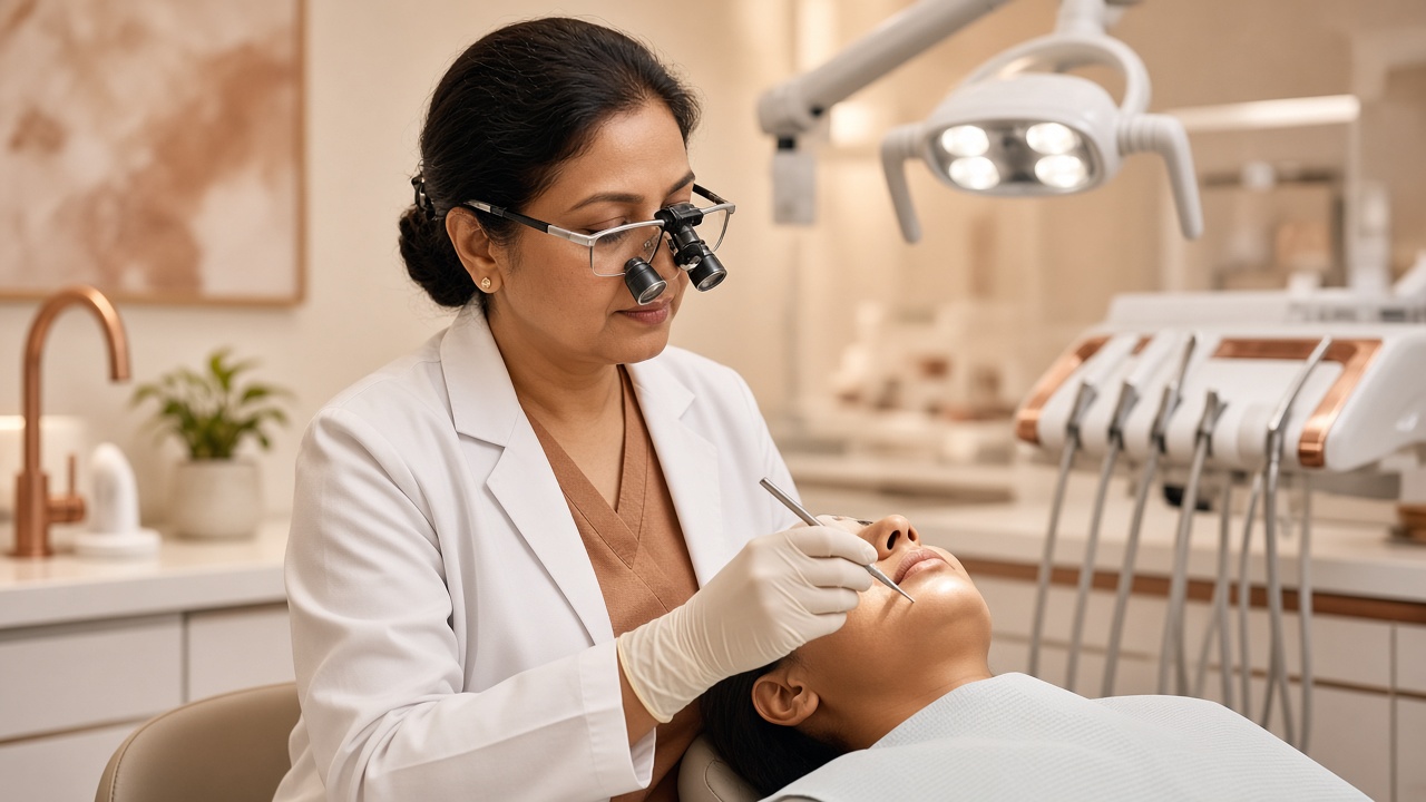 Indian dentist providing comfortable root canal treatment in a modern clinic