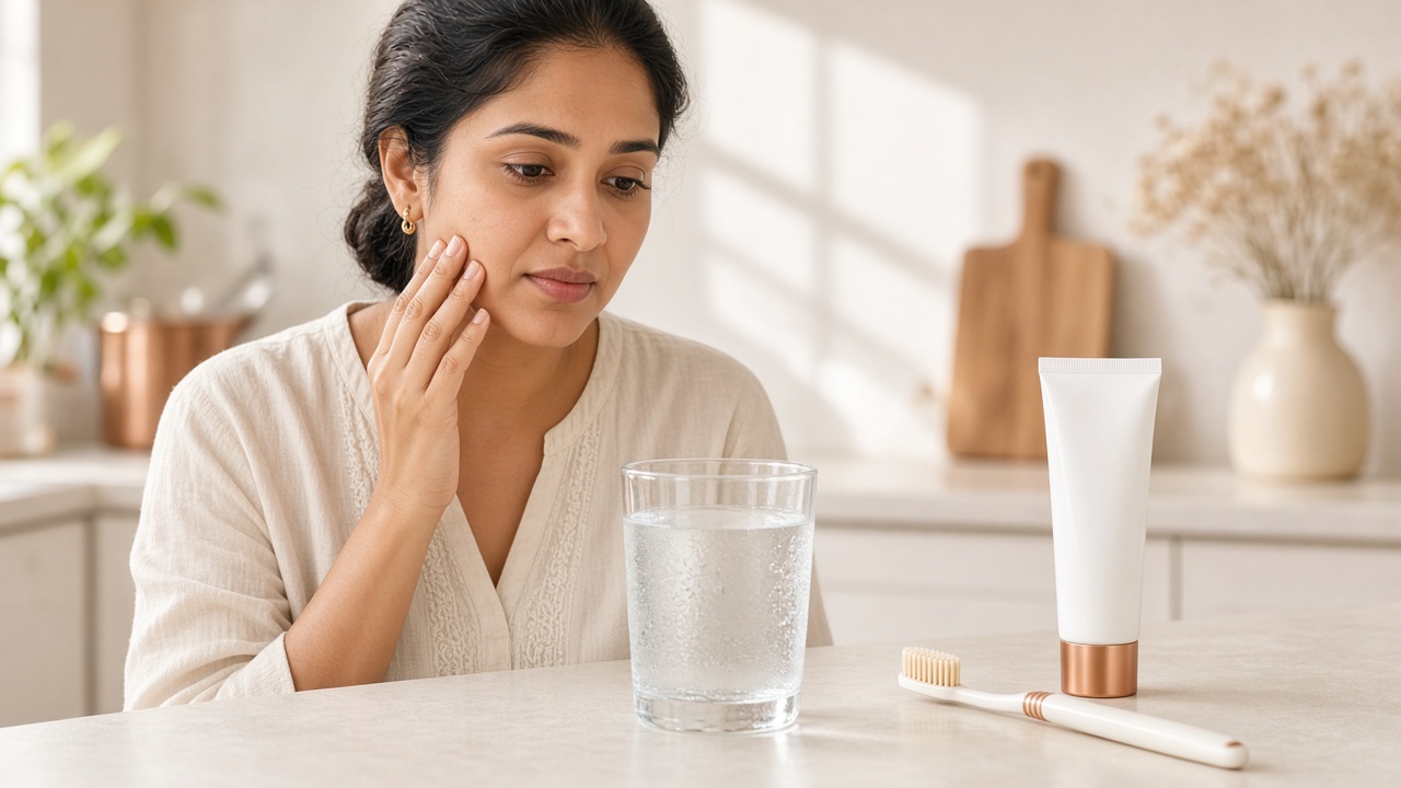 Indian woman experiencing tooth sensitivity while drinking cold water