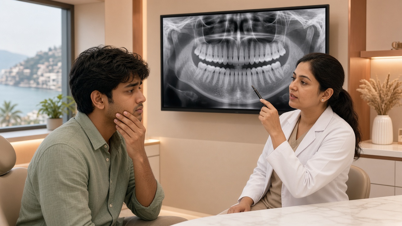 Indian dentist explaining a wisdom tooth X-ray to a patient with jaw pain